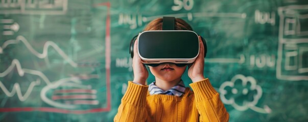 Schoolchild with virtual reality headset, back to school theme, modern technology in education, futuristic learning environment.