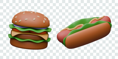 Set of isolated icons, illustrations of fast food in 3D style. Vector detailed burger, hot dog