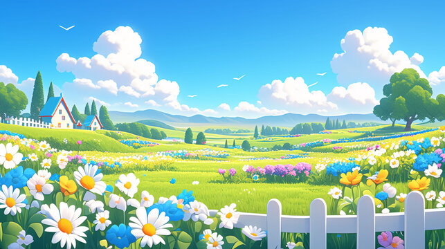 3D cartoon Spring meadow lovely pink flowers 3D natural background