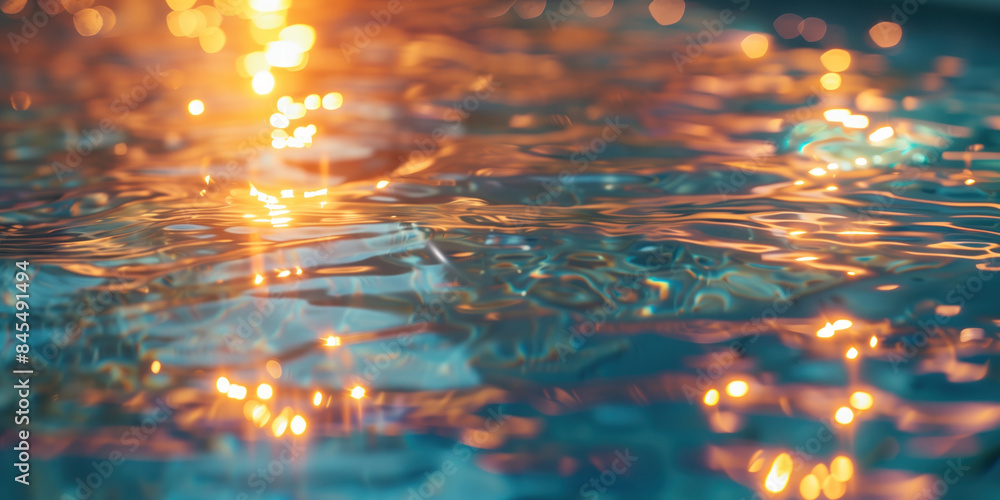 Poster abstract background with blurry lights on pool water. caustics and bokeh. created with generative ai