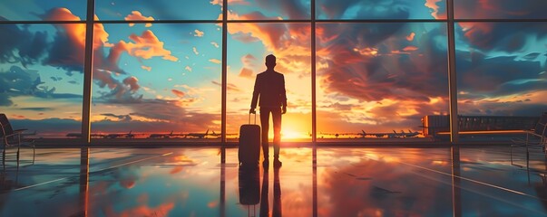 Business Traveler Boarding Airplane at Sunset Airport Terminal