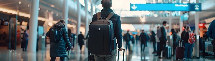 Corporate Traveler with Smart Suitcase Navigating Crowded Airport Terminal