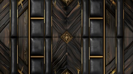 3D wallpaper featuring a seamless realistic texture of dark walnut wood, matte gold accents, black leather panels, and thin golden stripes, creating a luxurious and sophisticated atmosphere.
