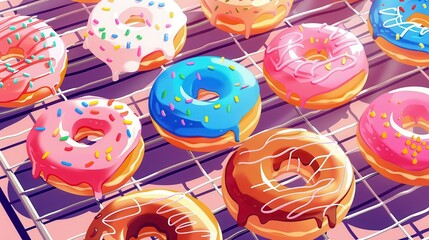 Colorful assortment of donuts with various toppings on a cooling rack, showcasing a delightful display of sweet treats and vibrant colors.