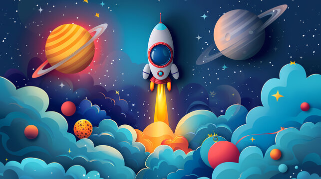 Fototapeta Space posters cartoon alien characters spaceship,paper style