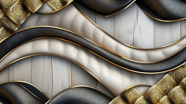 3D wallpaper incorporating bleached oak wood, matte gold filigree, soft black leather, and intricate golden stripes, creating a seamless and elegant wall decor.