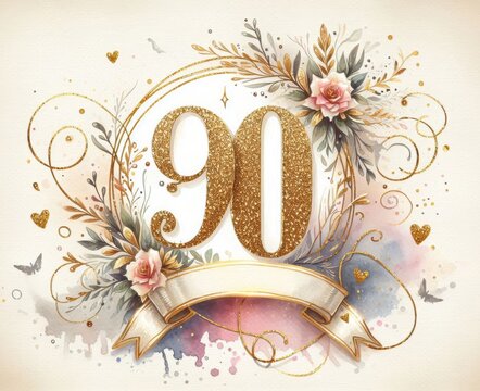 Elegant 90th birthday design with gold glitter, floral accents, and pastel watercolor splashes.