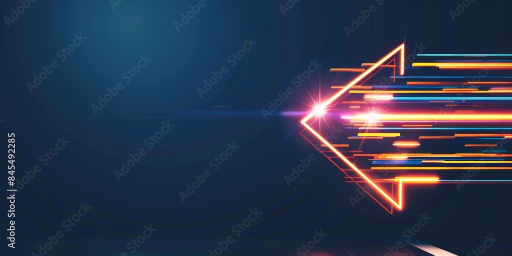 Poster neon arrow pointing left with motion trails on dark background