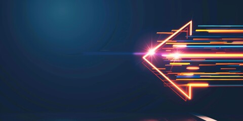 Neon arrow pointing left with motion trails on dark background