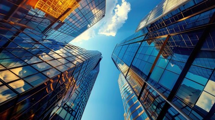 Naklejka premium Business and Economy Skyscrapers and reflective glass curtain walls Create an atmosphere of success and organizational growth