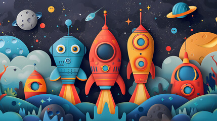 Space posters cartoon alien characters spaceship,paper style