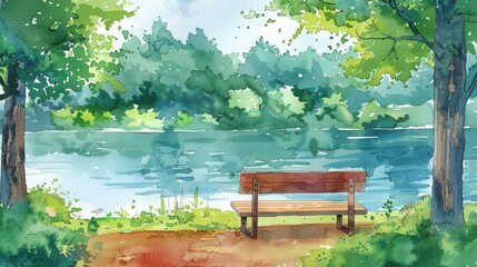 Obraz premium Watercolor painting of a peaceful park scene by the lake with a wooden bench, surrounded by lush greenery and trees.