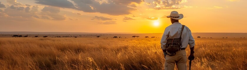 Solitary Explorer on Safari Witnessing the Great Serengeti at Sunset
