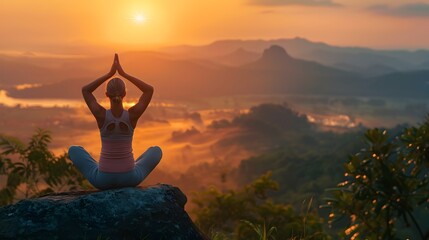 Tranquil Yoga Practice at Sunrise Overlooking Serene Mountain Valley