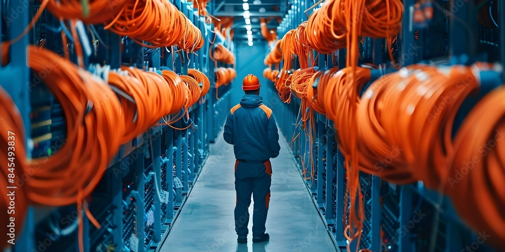 Aufkleber technician in blue and orange data center surrounded by computer equipment. concept data center tech