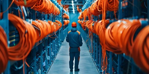 Technician in blue and orange data center surrounded by computer equipment. Concept Data Center Technician, Blue and Orange Theme, Computer Equipment, Technical Support