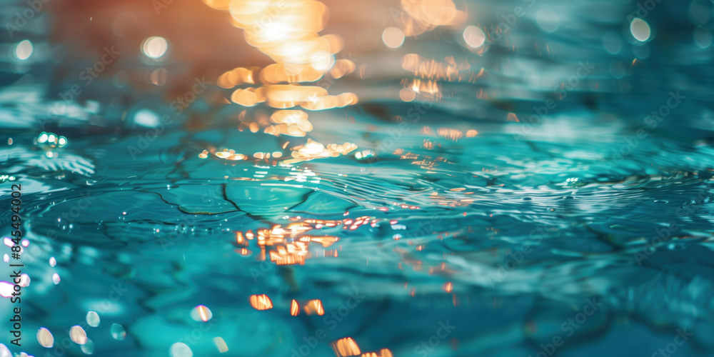 Poster abstract background with blurry lights on pool water. caustics and bokeh. created with generative ai