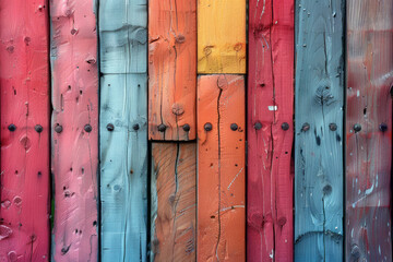 Vibrant and playful background with wooden boards painted in bright tones of pink and orange,