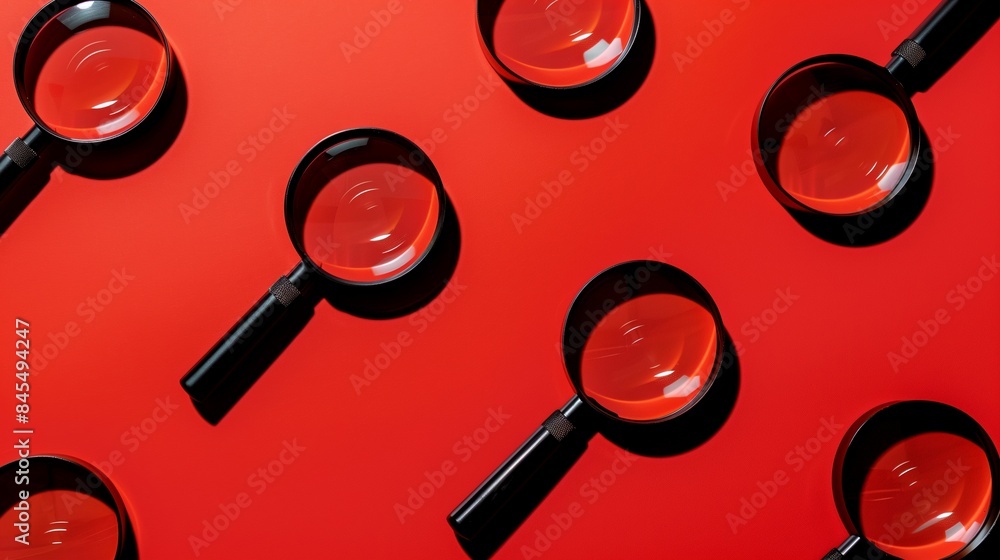 Poster gleaming black magnifying glasses arranged in an aesthetically pleasing pattern on a red background.