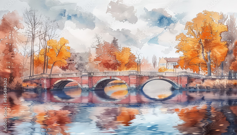 Canvas Prints a painting of a bridge over a river with a bridge in the middle