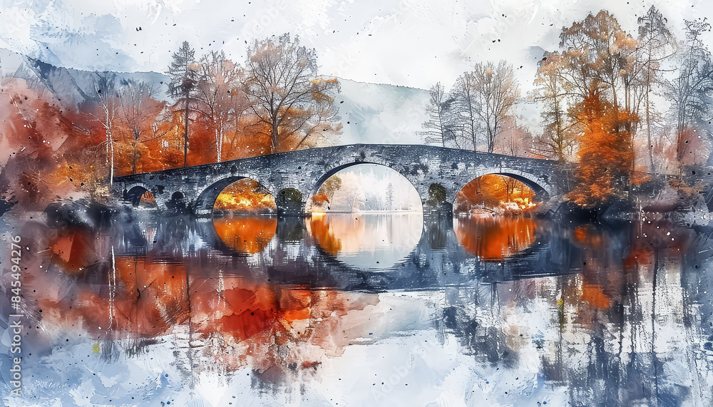 Canvas Prints a painting of a bridge over a river with a bridge in the middle