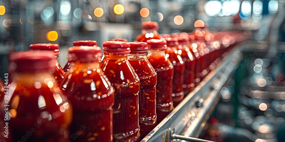 Poster optimizing ketchup bottling process in factory for increased production efficiency. concept factory 