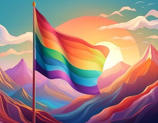 rainbow flag on mountain background. lgbt and pride month concept