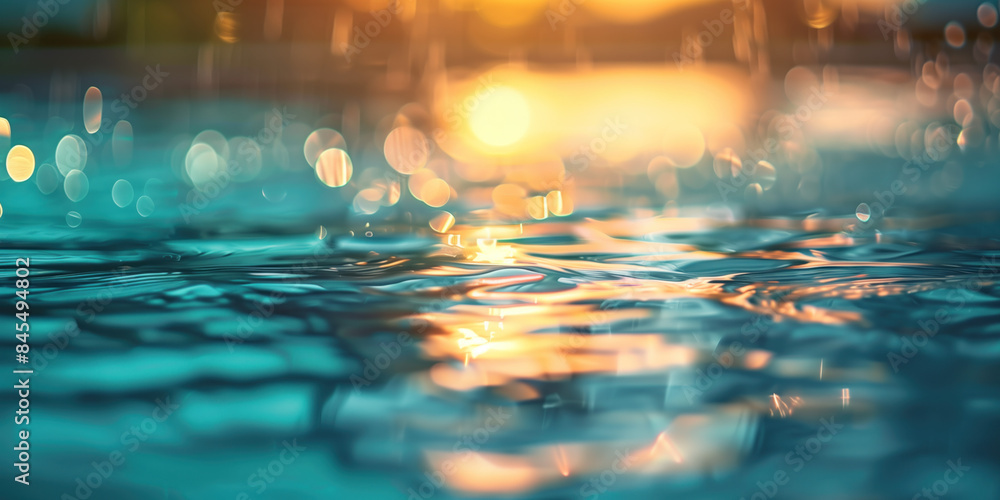 Poster abstract background with blurry lights on pool water. caustics and bokeh. created with generative ai