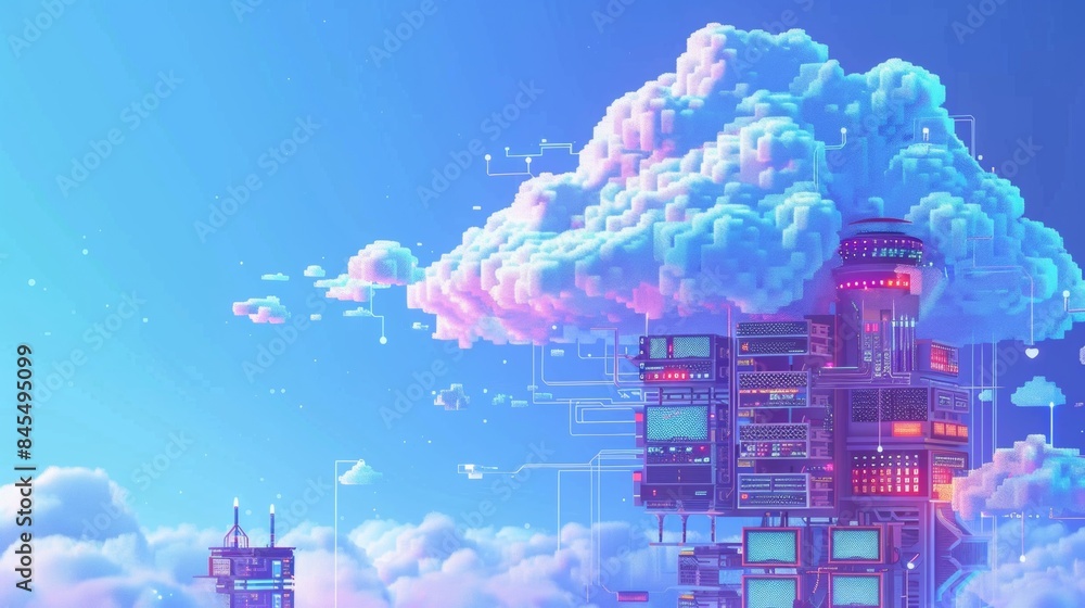 Poster a fluffy pixel art cloud morphing into chunky servers and blocky network switches, illustrating clou