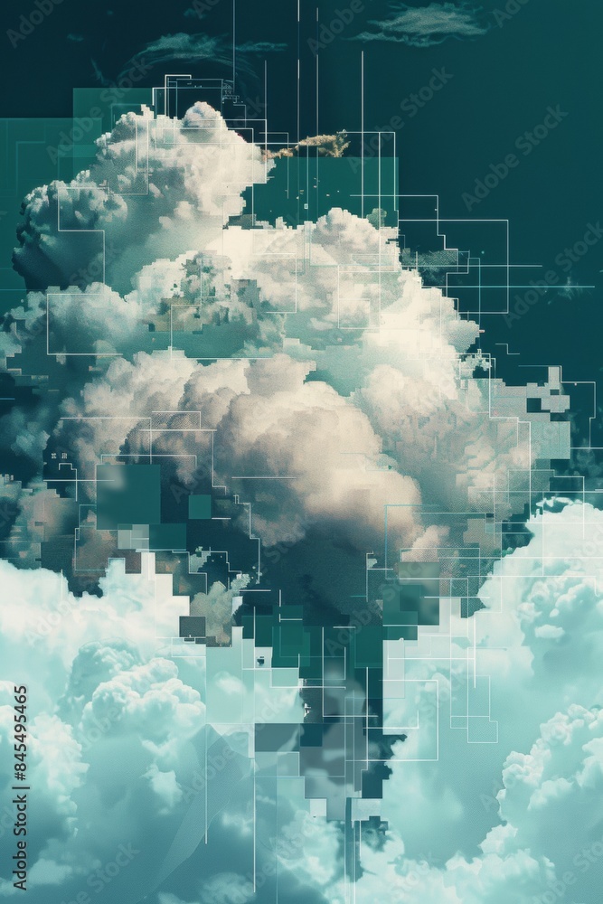 Poster a geometric cloud built from triangular wireframe elements, emphasizing its structured and modular n