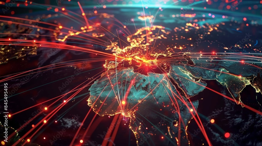 Poster a global map with pulsating beams of light representing major data arteries, converging on cloud hub