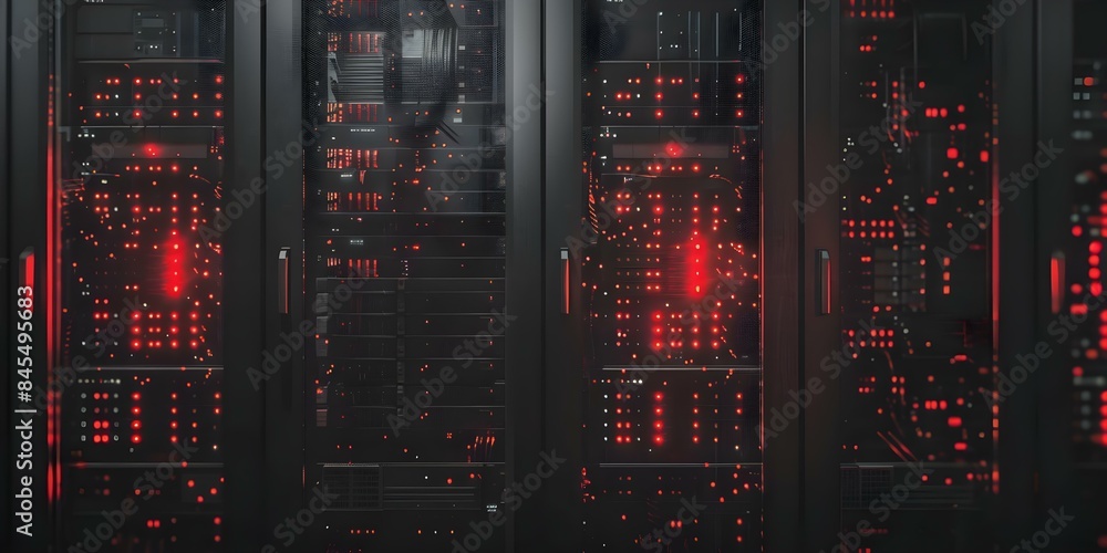Poster illustrating data flow with modern server racks in a dark room. concept server racks, data flow, mod