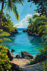 A hidden cove in pop art, lush vegetation framing a turquoise lagoon, playful shadows