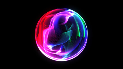 Abstract futuristic vibrant 3d sphere. Multicolored 3d sphere glowing on black. AI virtual assistant concept. Technology, science, artificial intelligence background.