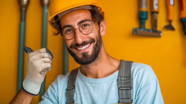 A smiling, bearded man in a yellow hard hat and work gloves gives a thumbs up in front of a wall lined with tools. He is ready for a day of hard work
