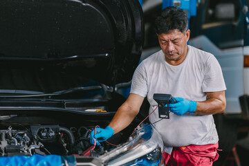 Worker checking Car Battery Voltage with Multi meter, Technician metering vehicle electricity at...