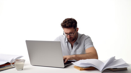 Man alone on a background, working with documents and a laptop while under stress