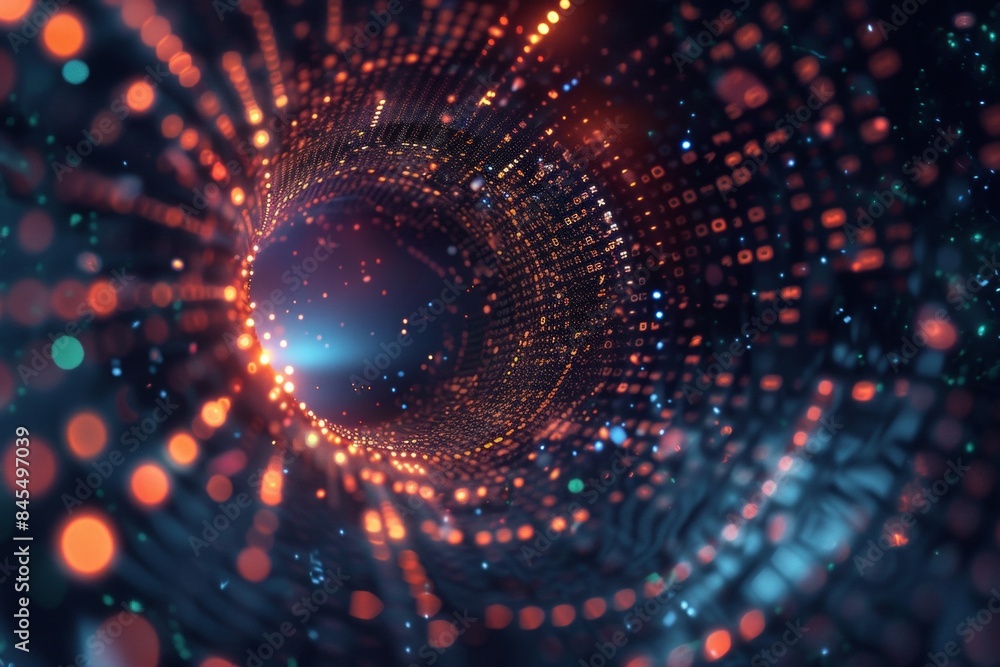 Poster a digital vortex with swirling glitches, fragments of code and data spiraling towards its corrupted 