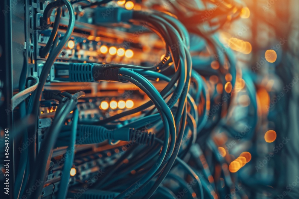 Poster a pixelated tangle of brightly colored network cables behind a server rack, creating a chaotic yet n