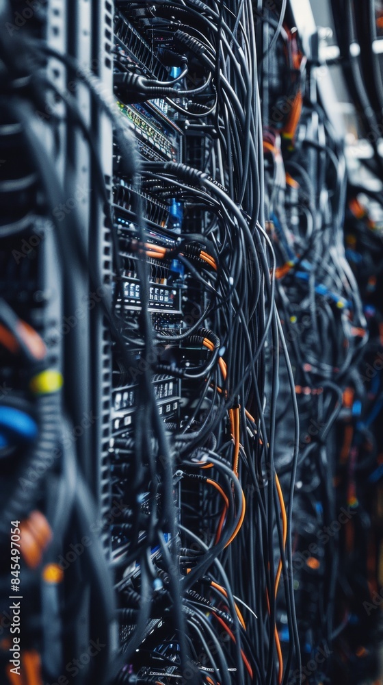 Poster a pixelated tangle of brightly colored network cables behind a server rack, creating a chaotic yet n