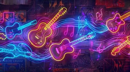 A bold neon sign showcasing a series of guitars and notes that appear to ripple out sound waves, set against a background of old concert posters for a nostalgic touch.
