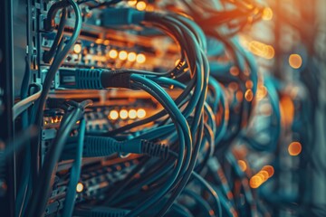 A pixelated tangle of brightly colored network cables behind a server rack, creating a chaotic yet nostalgic aesthetic