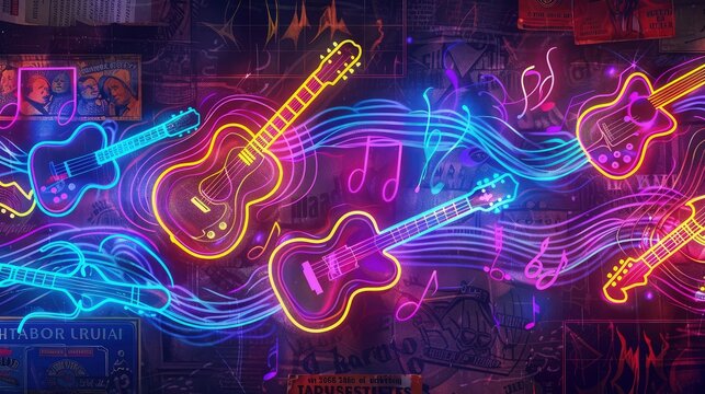 A bold neon sign showcasing a series of guitars and notes that appear to ripple out sound waves, set against a background of old concert posters for a nostalgic touch.