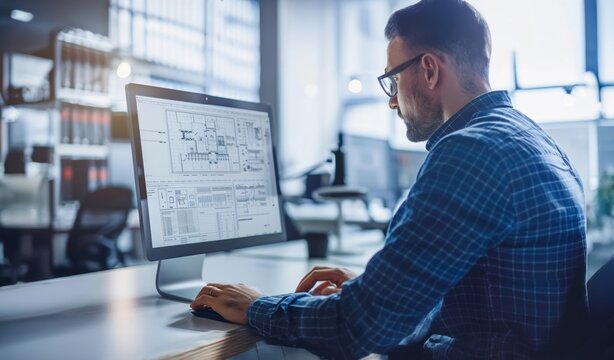 Architect working on computer with CAD software in modern office