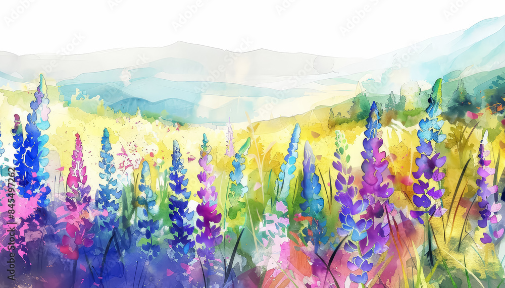Wall mural a painting of a field of flowers with a blue sky in the background