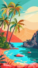 Obraz premium A vibrant desert oasis in pop art style, lush palm trees, turquoise water, simplified shapes