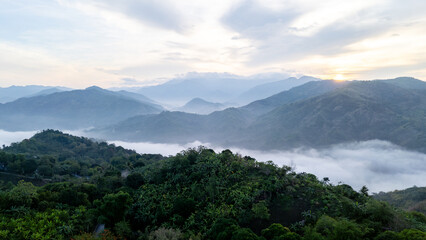 Morning green mountain landscape with with cloud.