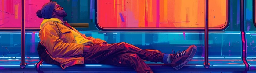 Man lounging on a subway seat, colorful stylized scene, urban and casual, Digital Art, Illustration 8K , high-resolution, ultra HD,up32K HD