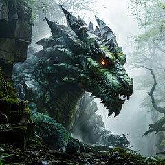 Fototapeta premium dragon shaped large fantasy animal in the dark forest