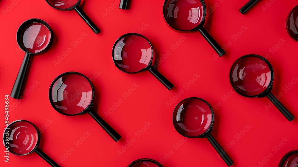 Poster gleaming black magnifying glasses arranged in an aesthetically pleasing pattern on a red background.